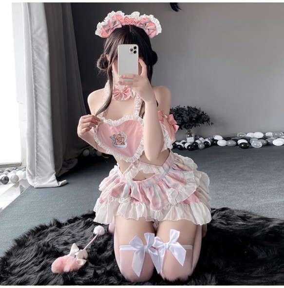 FEE ET MOI - Cute Maid Heart-Shaped Backless Dress With Stockings (Pink - White)